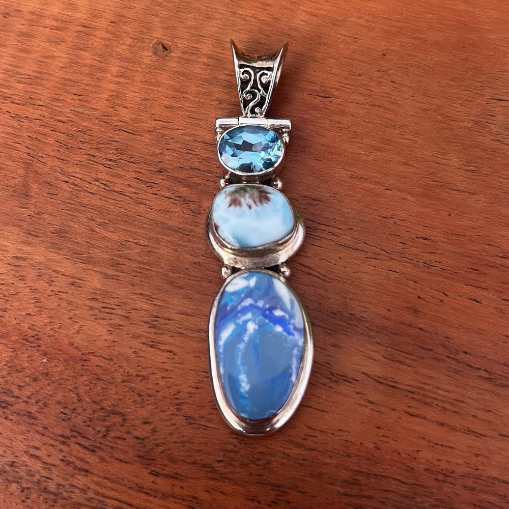 Southwestern 3-Stone Pendant Sterling Silver 925 Blue‎ Topaz Larimar 2.25" Long